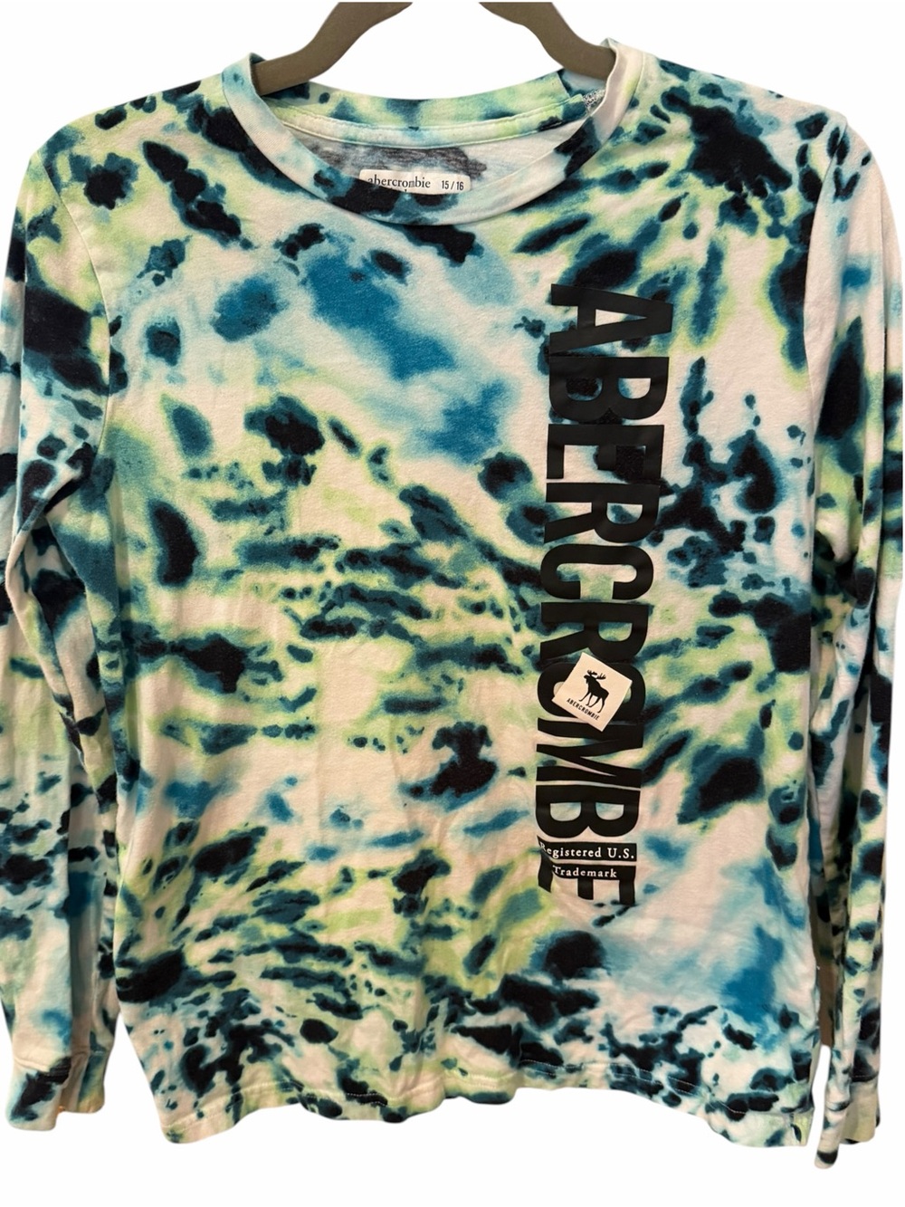 Abercrombie Kids Tie Dye Logo Long Sleeve Shirt Blue Green 15/16